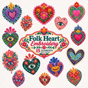 Folk Heart Embroidery Clipart, Mexican Milagro Heart PNG, Evil Eye Heart Clipart Set, Embroidered Sacred Heart PNG, Colorful Folk