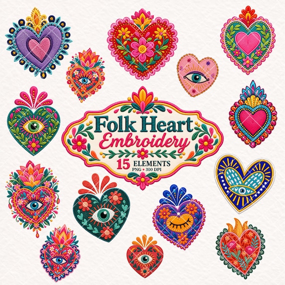 Folk Heart Embroidery Clipart, Mexican Milagro Heart PNG, Evil Eye Heart Clipart Set, Embroidered Sacred Heart PNG, Colorful Folk