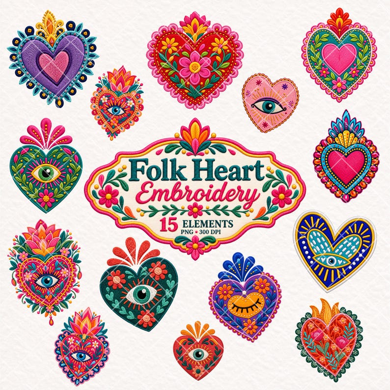 May include: A collection of 15 colorful heart-shaped illustrations featuring floral patterns, eyes, and flames. A central decorative label displays the text Folk Heart Embroidery 15 ELEMENTS PNG 300 DPI. Each heart features vibrant colors and intricate details.