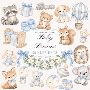 May include: A collection of watercolor clipart featuring a raccoon, gift box, train, puppy, hot air balloon, crib, booties, teddy bear, squirrel, rattle, bunny, fox, moon, spinning top, and hedgehog with the text Baby Dreams 45 ELEMENTS PNG 300 DPI.