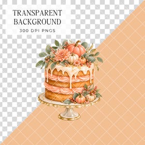 May include: A multi-layered cake on a pedestal stand, decorated with white icing drips, peach-colored frosting, orange and white pumpkins, pink flowers, and green leaves. The image includes text that reads TRANSPARENT BACKGROUND 300 DPI PNGS.