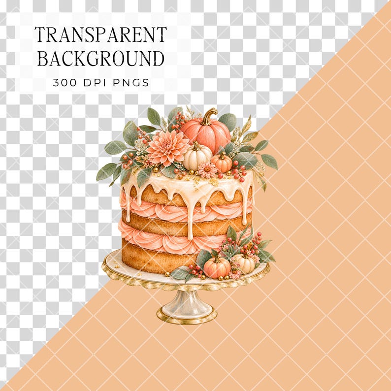 May include: A multi-layered cake on a pedestal stand, decorated with white icing drips, peach-colored frosting, orange and white pumpkins, pink flowers, and green leaves. The image includes text that reads TRANSPARENT BACKGROUND 300 DPI PNGS.