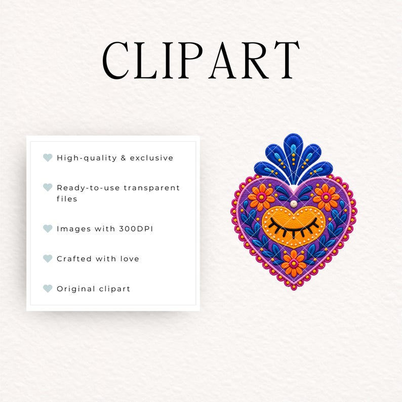 May include: A digital illustration of a sacred heart featuring a central orange heart with closed eyes, surrounded by purple, blue, and orange floral patterns and a blue flame-like top. The text CLIPART appears above a list of product features.