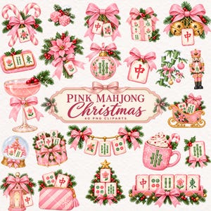 May include: A collection of digital illustrations featuring pink-themed Christmas decorations and Mahjong tiles. Elements include candy canes, bows, ornaments, a nutcracker, a sleigh, a snow globe, and a mug, all adorned with pine branches and berries.
