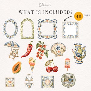 May include: A digital clipart collection featuring 40 decorative elements including ornate frames, a beach umbrella, a lounge chair, a chili pepper, tomatoes, a seashell, a fish-shaped pitcher, papaya, ice cream, cherries, a popsicle, a bikini, and labels.