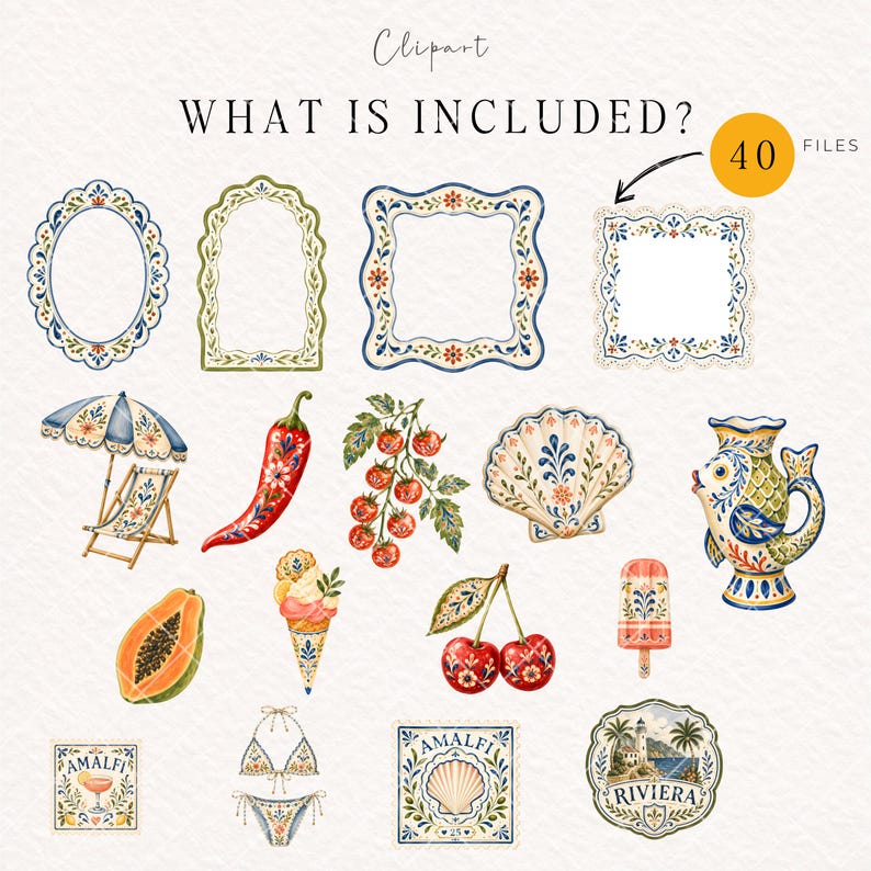 May include: A digital clipart collection featuring 40 decorative elements including ornate frames, a beach umbrella, a lounge chair, a chili pepper, tomatoes, a seashell, a fish-shaped pitcher, papaya, ice cream, cherries, a popsicle, a bikini, and labels.