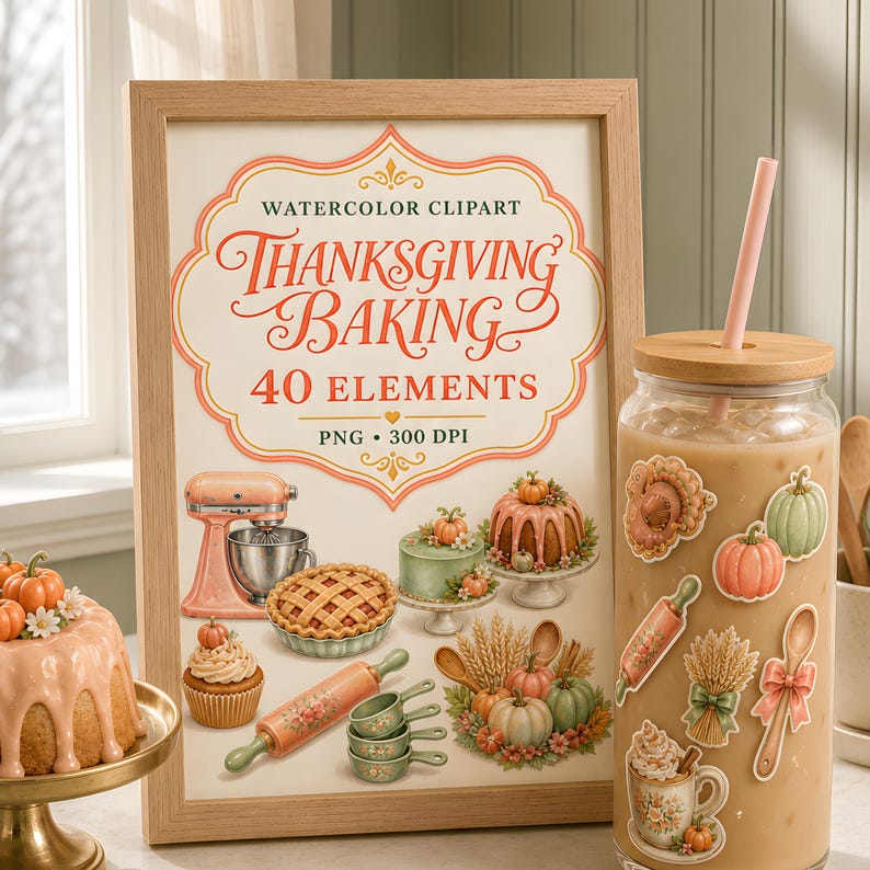 May include: A framed print featuring watercolor Thanksgiving baking clipart with text reading "WATERCOLOR CLIPART THANKSGIVING BAKING 40 ELEMENTS PNG 300 DPI" alongside a glass tumbler with a bamboo lid and straw decorated with various baking stickers.