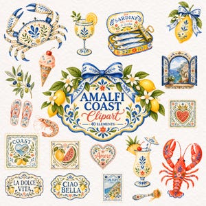 Può includere: Una collezione di illustrazioni digitali a tema Costiera Amalfitana, tra cui un granchio, sardine, limoni, un'aragosta, cocktail e targhe decorative con testo come AMALFI COAST Clipart, La Dolce Vita, Ciao Bella e Amore.