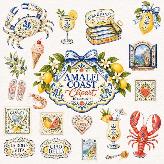 Amalfi Coast Clipart Bundle, Italian Summer PNG, Lemon Ceramic Clipart, Mediterranean PNG Set, Watercolor Coastal Clipart, Ciao Bella PNG