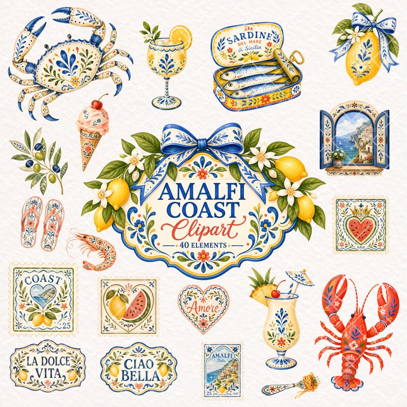May include: A collection of digital illustrations featuring Amalfi Coast themes, including a crab, sardines, lemons, a lobster, cocktails, and decorative plaques with text like AMALFI COAST Clipart, La Dolce Vita, Ciao Bella, and Amore.