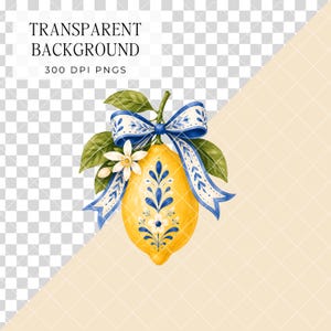 May include: A digital illustration of a yellow lemon decorated with blue floral patterns, tied with a blue and white patterned ribbon, and accented with green leaves and a white blossom. The text reads: TRANSPARENT BACKGROUND 300 DPI PNGS.