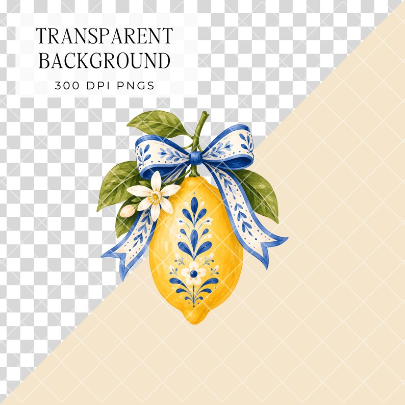 May include: A digital illustration of a yellow lemon decorated with blue floral patterns, tied with a blue and white patterned ribbon, and accented with green leaves and a white blossom. The text reads: TRANSPARENT BACKGROUND 300 DPI PNGS.