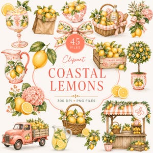 Puede incluir: Una colección digital de ilustraciones con temática de limones que incluye limones amarillos, hojas verdes, flores rosas, cestas de mimbre, un camión vintage, un puesto de limonada y jarras de cerámica, con el texto Coastal Lemons 45 Files 300 DPI.
