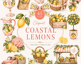 May include: A digital collection of lemon-themed illustrations featuring yellow lemons, green leaves, pink flowers, wicker baskets, a vintage truck, a lemonade stand, and patterned ceramic pitchers, with the text Coastal Lemons 45 Files 300 DPI PNG Files.