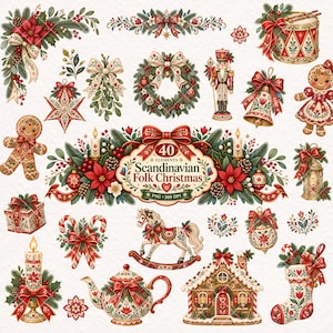 May include: A collection of 40 Scandinavian folk Christmas digital elements including a gingerbread person, nutcracker, rocking horse, teapot, gingerbread house, stocking, wreath, poinsettias, ornaments, and a central label reading 40 Elements Scandinavian Folk Christmas.
