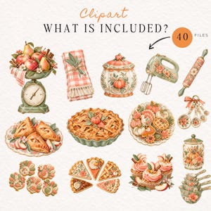 May include: A digital collection of 40 autumn-themed clipart files featuring illustrations of kitchenware and baked goods, including a scale with fruit, a checkered napkin, a lidded jar, a hand mixer, a rolling pin, pies, cookies, and measuring cups.
