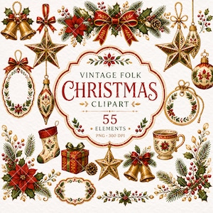 Può includere: Una collezione di illustrazioni digitali a tema natalizio con campane dorate, stelle, stelle di Natale, rami di pino, una calza, un regalo e una tazza. Il testo centrale recita VINTAGE FOLK CHRISTMAS CLIPART 55 ELEMENTS PNG 300 DPI.