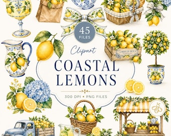 May include: A digital collection of 45 lemon-themed clipart files featuring watercolor illustrations of lemons, blue and white ceramic pitchers, wicker baskets, a blue vintage truck, floral arrangements, and a market stall with the text Coastal Lemons.