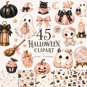 Puede incluir: Una colección digital de 45 elementos de clipart de Halloween con calabazas rosas y negras, fantasmas, una momia, un gato negro en una taza de té, una escoba, un farol, un cupcake, pociones, una bola de cristal y patrones con el texto 45 HALLOWEEN CLIPART.