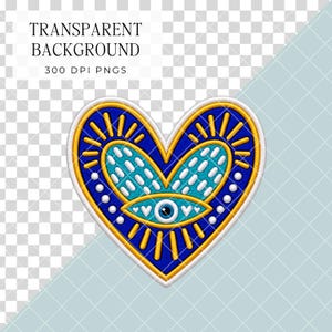 May include: A heart-shaped embroidered patch featuring a central blue and white eye motif surrounded by yellow sunburst rays, light blue accents, and white dots, all outlined in a thick white border against a transparent background.