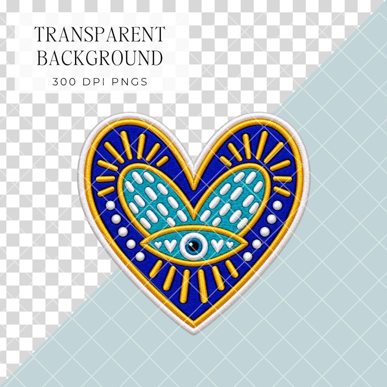 May include: A heart-shaped embroidered patch featuring a central blue and white eye motif surrounded by yellow sunburst rays, light blue accents, and white dots, all outlined in a thick white border against a transparent background.