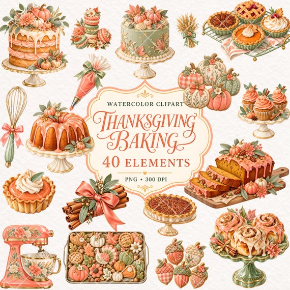 Thanksgiving Baking Clipart Bundle, Watercolor Fall Dessert PNG, Pumpkin Pie Clipart, Autumn Baking PNG Set, Vintage Kitchen Clipart