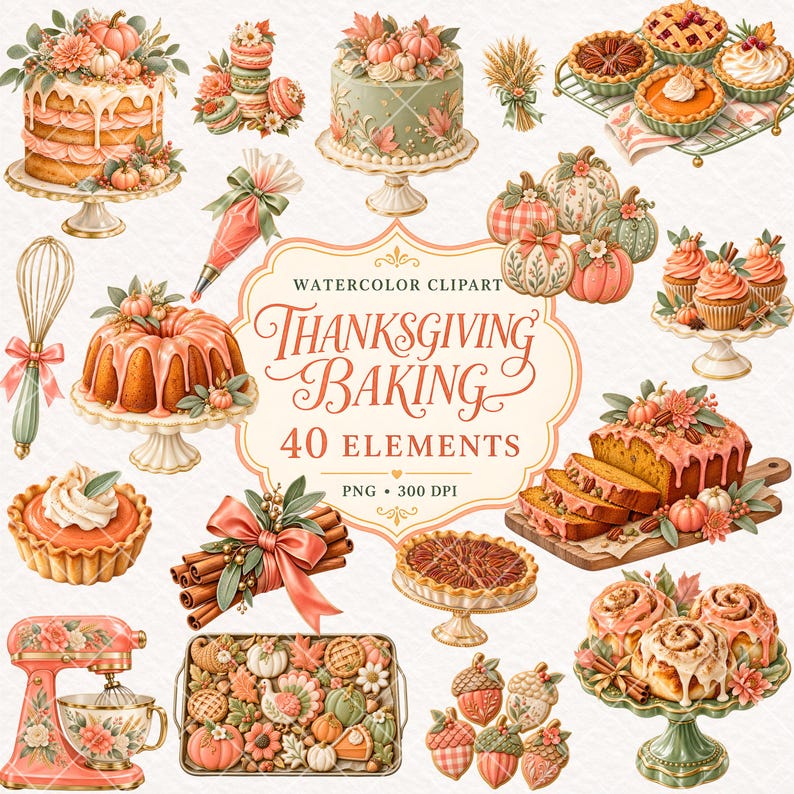 May include: A collection of watercolor Thanksgiving baking clipart elements including cakes, pies, cookies, cinnamon rolls, a stand mixer, and a whisk. The central text reads WATERCOLOR CLIPART THANKSGIVING BAKING 40 ELEMENTS PNG 300 DPI.