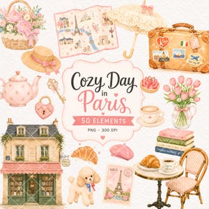 May include: A digital illustration set featuring Paris-themed elements including a wicker basket of flowers, a map, a lace umbrella, a suitcase, a teapot, a heart lock, a poodle, a croissant, a beret, books, a cafe table, and a bookstore.