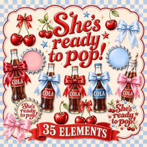 Puede incluir: Un conjunto de ilustraciones digitales con botellas de cola de vidrio con lazos rojos, azules y rosas, cerezas rojas, chapas y el texto She's ready to pop! y 35 ELEMENTS sobre un fondo de cuadros azul claro con estrellas decorativas.