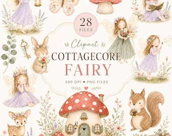 May include: A digital clipart collection featuring 28 files of watercolor illustrations including fairies in lavender dresses, a mushroom house, a bunny, a squirrel, a fawn, a butterfly, and floral elements with the text COTTAGECORE FAIRY.