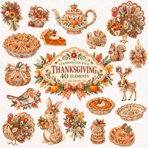 Puede incluir: Una colección digital de 40 ilustraciones con temática de Acción de Gracias que presenta una etiqueta central con el texto Scandinavian Folk Thanksgiving 40 Elements PNG 300 DPI, rodeada de pavos, calabazas, pasteles, tetera, conejo, ciervo y ardilla.