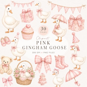 Puede incluir: Una colección de imágenes digitales con gansos blancos, lazos de cuadros vichy rosas, cajas de regalo, gorros de fiesta, cupcakes, un oso de peluche y cestas de flores. El texto dice 30 FILES Clipart PINK GINGHAM GOOSE 300 DPI PNG FILES. Los elementos son de tonos rosa y blanco.