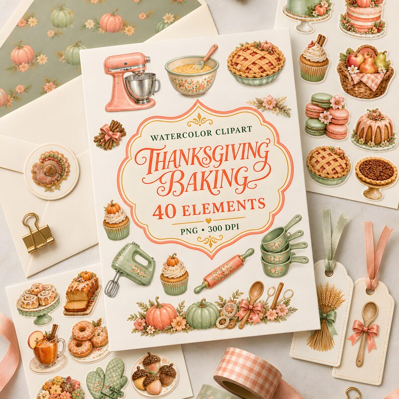 May include: A collection of watercolor Thanksgiving baking clipart featuring 40 elements, including a pink stand mixer, cupcakes, pies, pumpkins, and kitchen tools, with the text "Watercolor Clipart Thanksgiving Baking 40 Elements PNG 300 DPI".