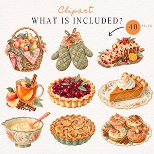 May include: A digital clipart collection featuring 40 files of autumn-themed illustrations including a wicker basket of pears, floral oven mitts, cranberry loaf, spiced cider, berry tart, pumpkin pie slice, mixing bowl, leaf pie, and glazed donuts.