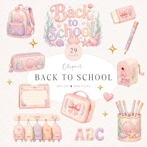 May include: A digital clipart collection featuring pastel-colored school supplies with seashell and ocean motifs. Items include a backpack, pencil case, pencil, sharpener, calendar, lunch box, wall hooks with mini backpacks, and a pencil holder with text Back to School.