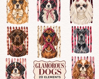 May include: A digital collection of eight illustrations featuring dogs wearing sunglasses, bows, scarves, and jewelry, set against striped backgrounds. A central label displays the text GLAMOROUS DOGS 20 ELEMENTS PNG 300 DPI in a decorative frame.