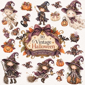Puede incluir: Una colección de 30 ilustraciones digitales con temática de Halloween que incluyen personajes como una momia, un fantasma, brujas, un gato negro, murciélagos y calabazas. El cartel central muestra el texto 30 ELEMENTS Vintage Halloween.