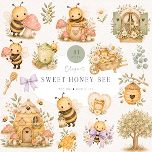 Puede incluir: Una colección digital de 41 ilustraciones estilo acuarela con abejas, colmenas, setas, flores, una carretilla de madera con tarros de miel y un árbol. El texto dice 41 FILES, Clipart, SWEET HONEY BEE y 300 DPI PNG FILES.