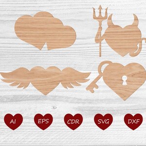 May include: Five wooden cutouts of hearts in different styles. The first is a double heart, the second has wings, the third is a devil with a trident, the fourth is a keyhole heart, and the fifth is a simple heart. The cutouts are on a white wood background. The words AI, EPS, CDR, SVG, and DXF are written in red hearts below the cutouts.