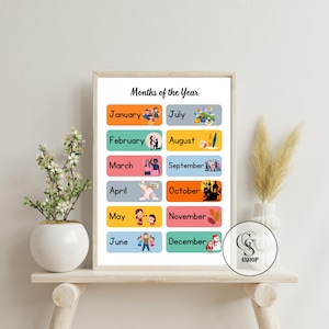 Montessori-geïnspireerde maand van het jaar leren poster voor voorschoolse en homeschool, klassikale educatieve grafiek - digitale download