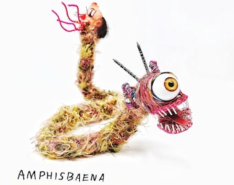 Two Headed Clown Fur Snake - Bendable Copper Wire Creature - fun, unique, fully poseable! Hand-made out of recycled & repurposed materials.