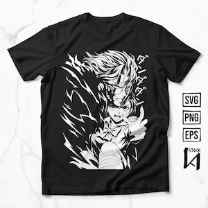 May include: Black t-shirt with a white anime-style graphic of two characters, one with glasses. Japanese text is printed vertically on the right. The shirt also has SVG, PNG, and EPS file type icons.