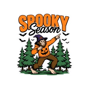 May include: A graphic illustration featuring a brown Bigfoot wearing a purple witch hat and an orange pumpkin-faced hoodie. The text SPOOKY Season is displayed above. The scene includes green pine trees and black bats against a white background.