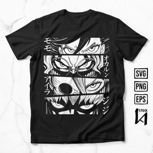 Puede incluir: Camiseta negra con un llamativo diseño gráfico blanco de cuatro pares de ojos de anime. Texto japonés presente encima y al lado de los ojos. El diseño está dividido en secciones horizontales. El lado derecho de la camiseta tiene el texto "SVG, PNG, EPS, STOCK".