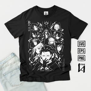 以下が含まれることがあります： Re:Zeroの複数のアニメキャラクターが描かれた白いグラフィックプリントの黒い半袖Tシャツ。デザインには「Re:Zero」、「Starting Life in Another World」というテキストと、口元に手を当てた中央のキャラクターが含まれています。
