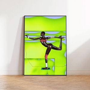 May include: A black and brown figure in a red and white bikini is performing a yoga pose on a green mat. The figure is in front of a green and blue background.