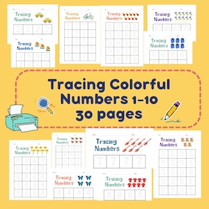 30 Pages, 1-10 Tracing Colorful Number Worksheets, Traceable Numbers, Preschool Worksheets, Printable Number Tracing, Kids Tracing, Writing
