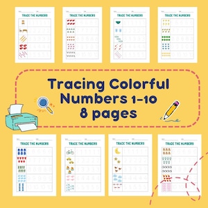 8 Pages, 1-10 Tracing Colorful Number Worksheets, Traceable Numbers, Preschool Worksheets, Printable Number Tracing,Kids Tracing,Handwriting
