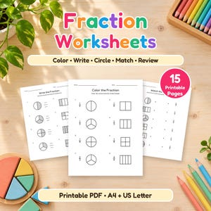 Può includere: Un set di 15 schede didattiche stampabili sulle frazioni con esercizi da colorare, scrivere, cerchiare, abbinare e ripassare. Le pagine includono diagrammi di cerchi e rettangoli suddivisi. Disponibile in formato PDF A4 e US Letter.