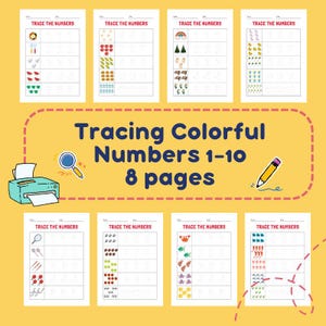 8 Pages 1-10 Tracing Colorful Number Worksheets, Traceable Numbers, Preschool Worksheets, Printable Number Tracing, Kids Tracing,Handwriting
